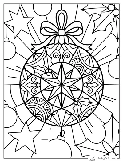Adorno de vitral para colorear con estrella central, lazo, hojas de acebo, bayas, estrellas y esferas colgantes