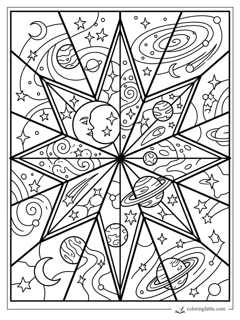 Intricate stained-glass starburst with planets, crescent moons, spirals, and a sleepy moon face.