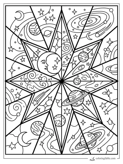Intricate stained-glass starburst with planets, crescent moons, spirals, and a sleepy moon face.