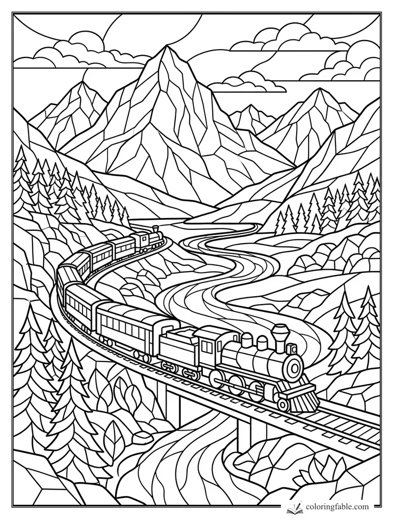 Intricate stained-glass steam train crossing a bridge through mountains, pines, river, and clouds