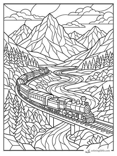 Intricate stained-glass steam train crossing a bridge through mountains, pines, river, and clouds
