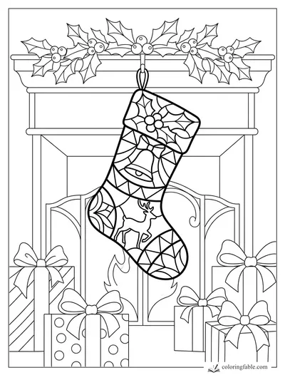 Intricate stained-glass Christmas stocking with holly, bell, reindeer, gifts, and fireplace mantel