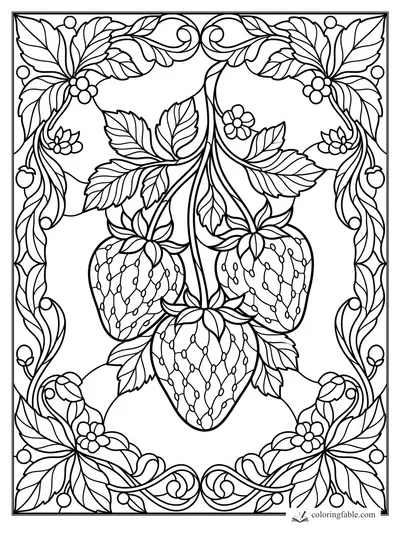 Intricate stained-glass strawberries with leaves, blossoms, curling vines, and a decorative border.