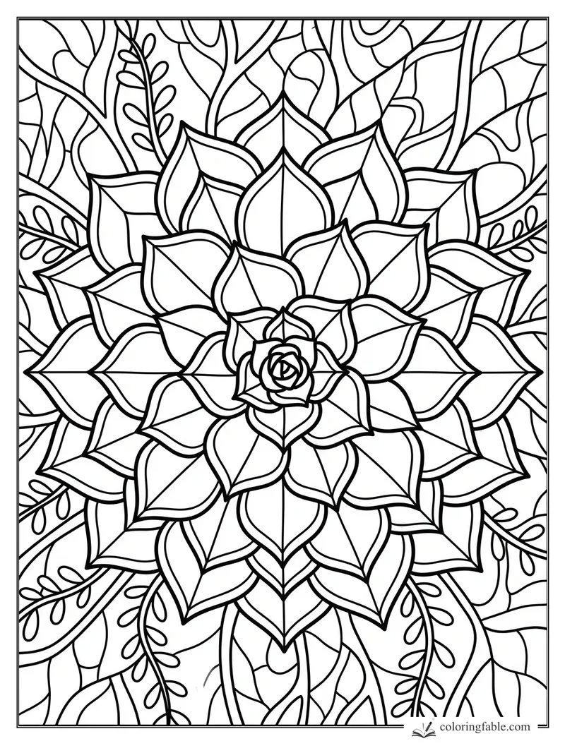 Intricate stained-glass succulent rosette with layered pointed leaves and leafy background patterns