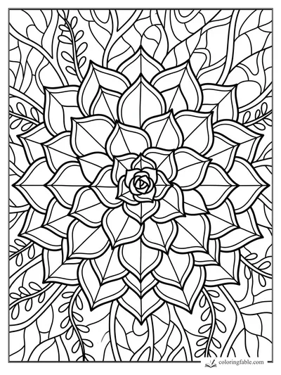 Intricate stained-glass succulent rosette with layered pointed leaves and leafy background patterns