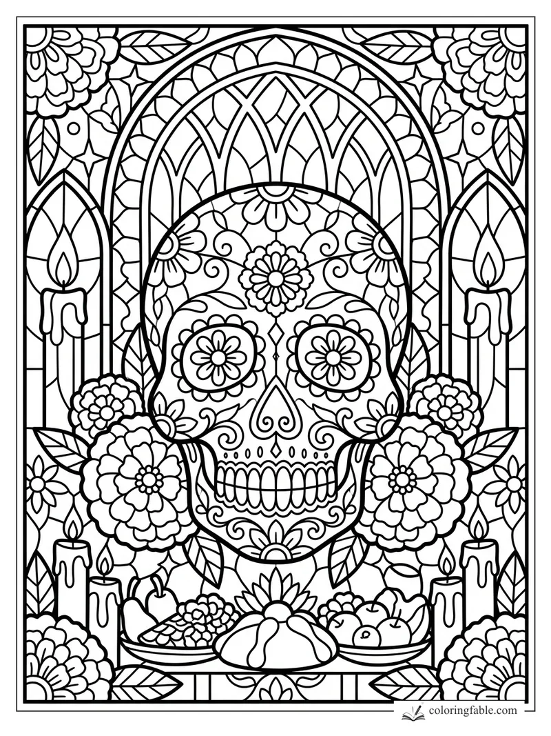 Intricate stained-glass sugar skull with marigolds, candles, fruit, and arched floral panels.