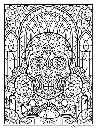 Intricate stained-glass sugar skull with marigolds, candles, fruit, and arched floral panels.