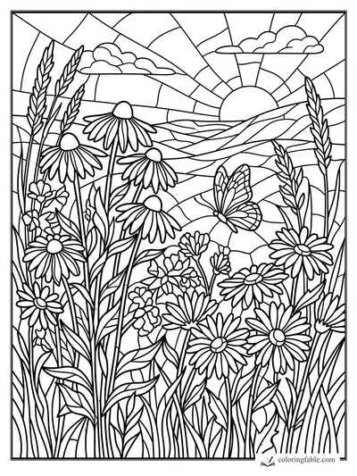 Intricate stained-glass summer meadow with daisies, wheat stalks, butterfly, clouds, and setting sun.