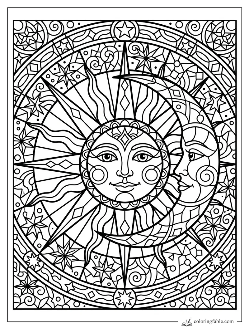Intricate stained-glass sun and crescent moon faces surrounded by stars, spirals, rays, and arched borders