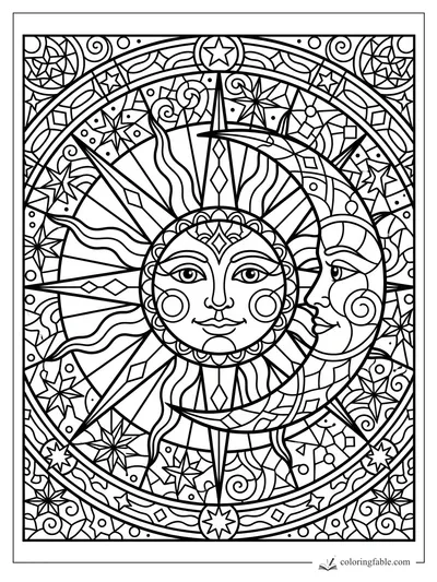 Intricate stained-glass sun and crescent moon faces surrounded by stars, spirals, rays, and arched borders