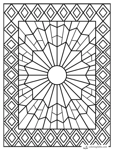Stained-glass geometric sunburst pattern with a circle center, angular rays, and diamond border