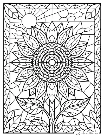 Intricate stained-glass sunflower with leafy stem, sun, clouds, and mosaic border