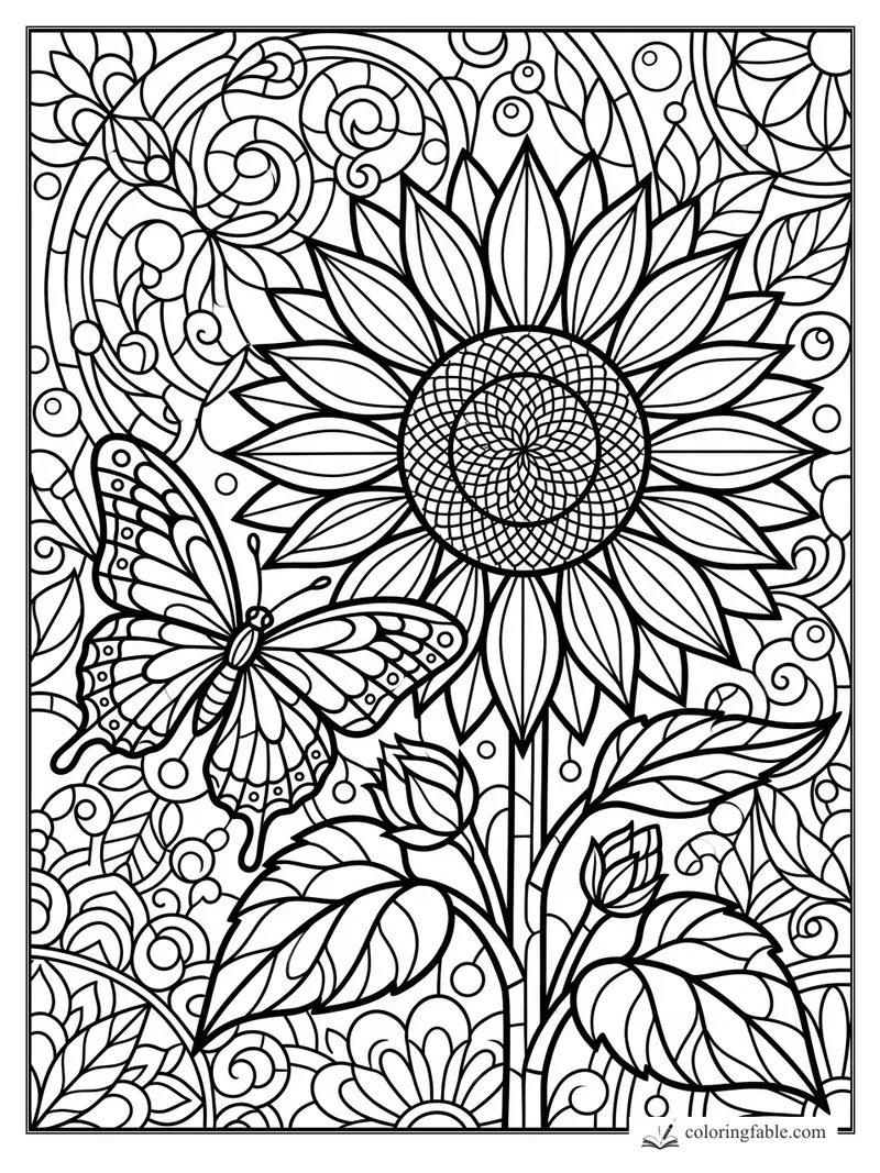 Intricate stained-glass sunflower coloring page with butterfly, leaves, seed spiral, and swirling background.