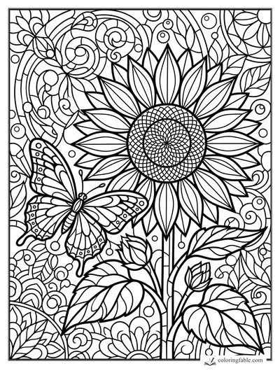 Intricate stained-glass sunflower coloring page with butterfly, leaves, seed spiral, and swirling background.