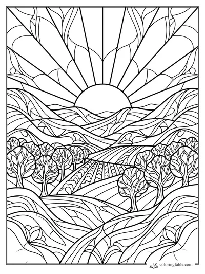 Intricate stained-glass sunrise over rolling hills, rows of fields, trees, and leafy foreground vines.