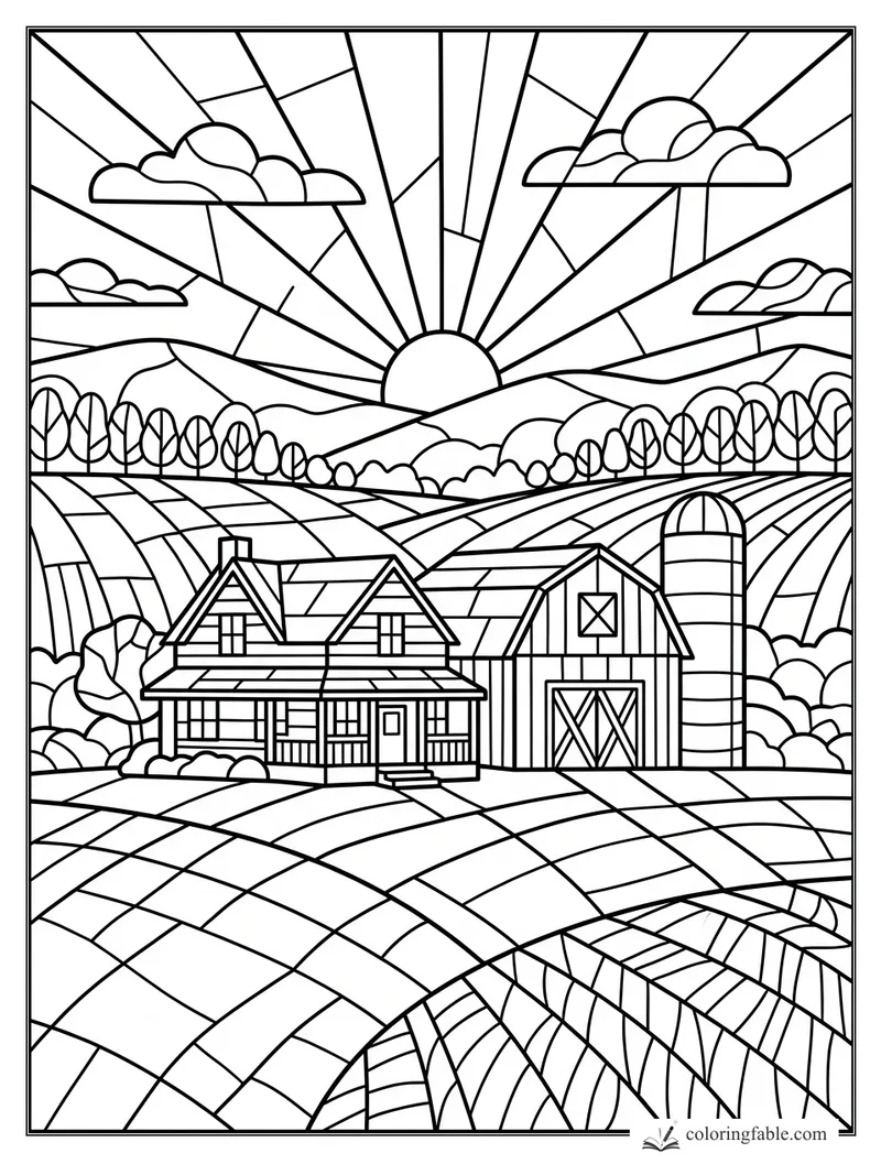 Intricate stained-glass farm scene with farmhouse, barn, silo, rolling fields, clouds, and sunrise.