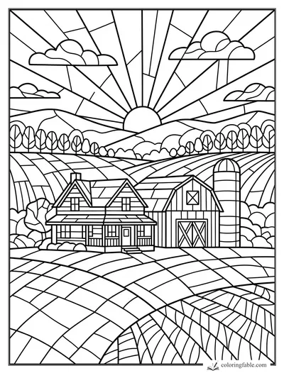 Intricate stained-glass farm scene with farmhouse, barn, silo, rolling fields, clouds, and sunrise.