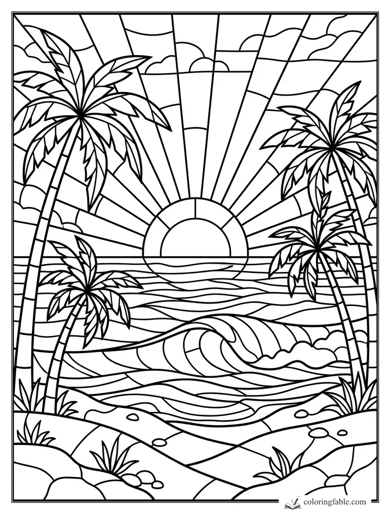 Intricate stained-glass beach sunset with palm trees, ocean waves, clouds, and sun rays.