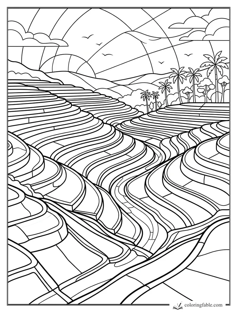 Stained-glass landscape coloring page with terraced hills, palm trees, mountains, clouds, and birds