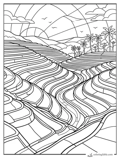 Stained-glass landscape coloring page with terraced hills, palm trees, mountains, clouds, and birds