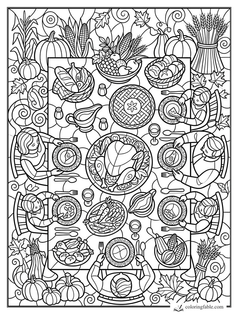 Intricate stained-glass Thanksgiving feast with turkey, pies, pumpkins, corn, wheat, and seated guests