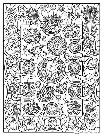 Intricate stained-glass Thanksgiving feast with turkey, pies, pumpkins, corn, wheat, and seated guests