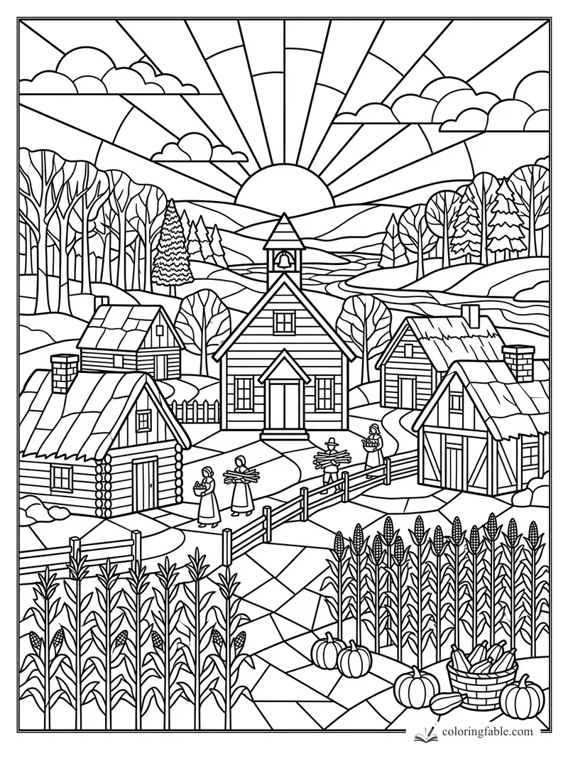 Intricate stained-glass Thanksgiving village with church, cabins, cornfields, pumpkins, and rising sun