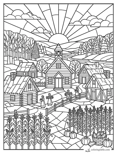Intricate stained-glass Thanksgiving village with church, cabins, cornfields, pumpkins, and rising sun
