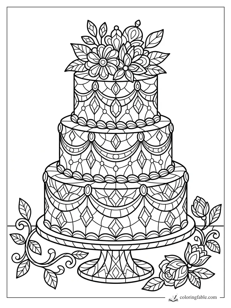 Intricate stained-glass three-tier cake with flowers, leaves, vines, diamonds, and scalloped icing panels.