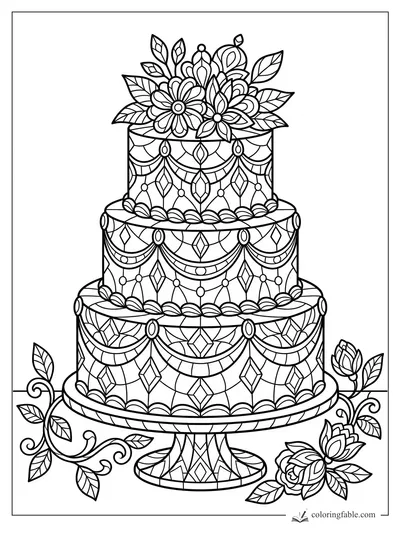 Intricate stained-glass three-tier cake with flowers, leaves, vines, diamonds, and scalloped icing panels.