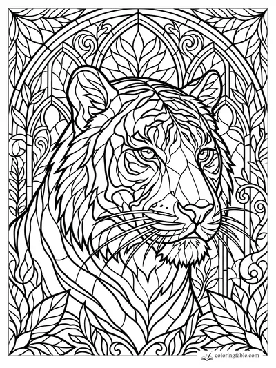 Intricate stained-glass tiger portrait framed by arched leaves and curling vines