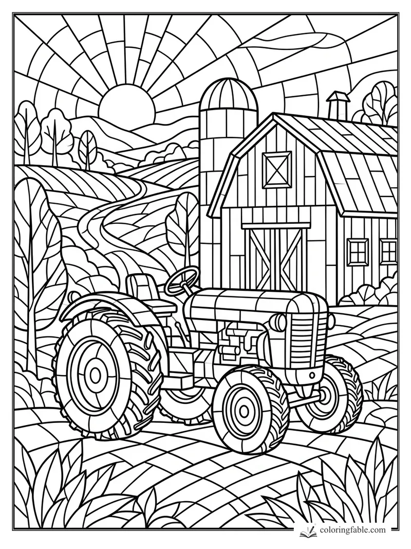 Intricate stained-glass tractor coloring page with barn, silo, fields, trees, and sunrise
