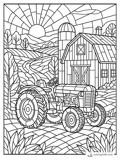 Intricate stained-glass tractor coloring page with barn, silo, fields, trees, and sunrise