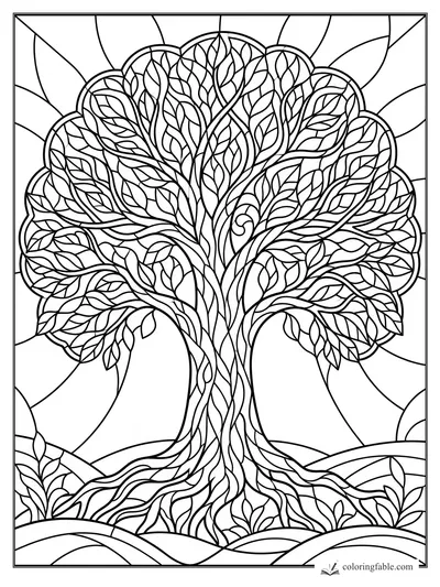 Intricate stained-glass tree coloring page with woven trunk, many leaves, roots, and curved sky panels
