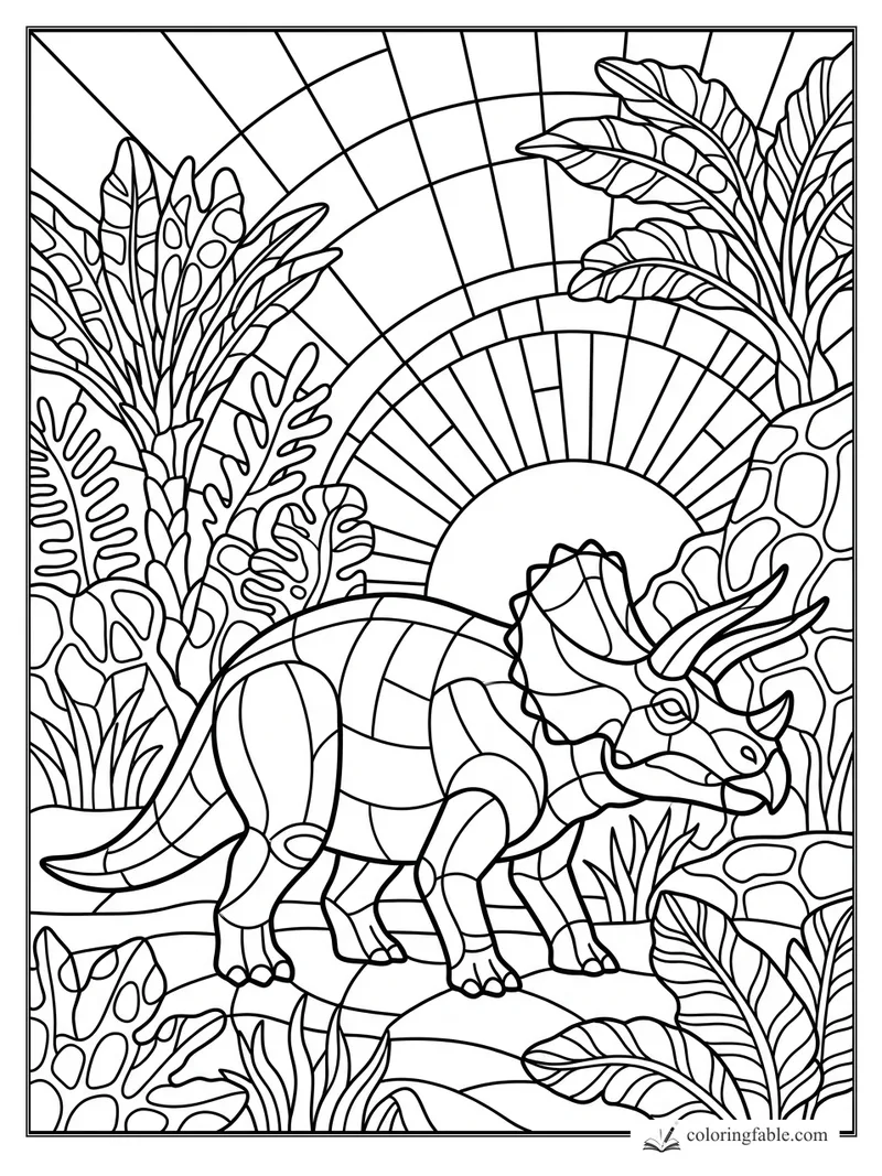 Stained-glass triceratops walking through leafy jungle plants under a rising sun