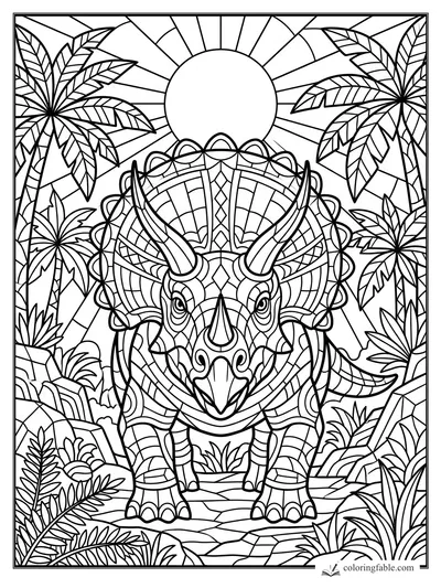 Intricate stained-glass triceratops facing forward with jungle leaves, rocks, and a rising sun