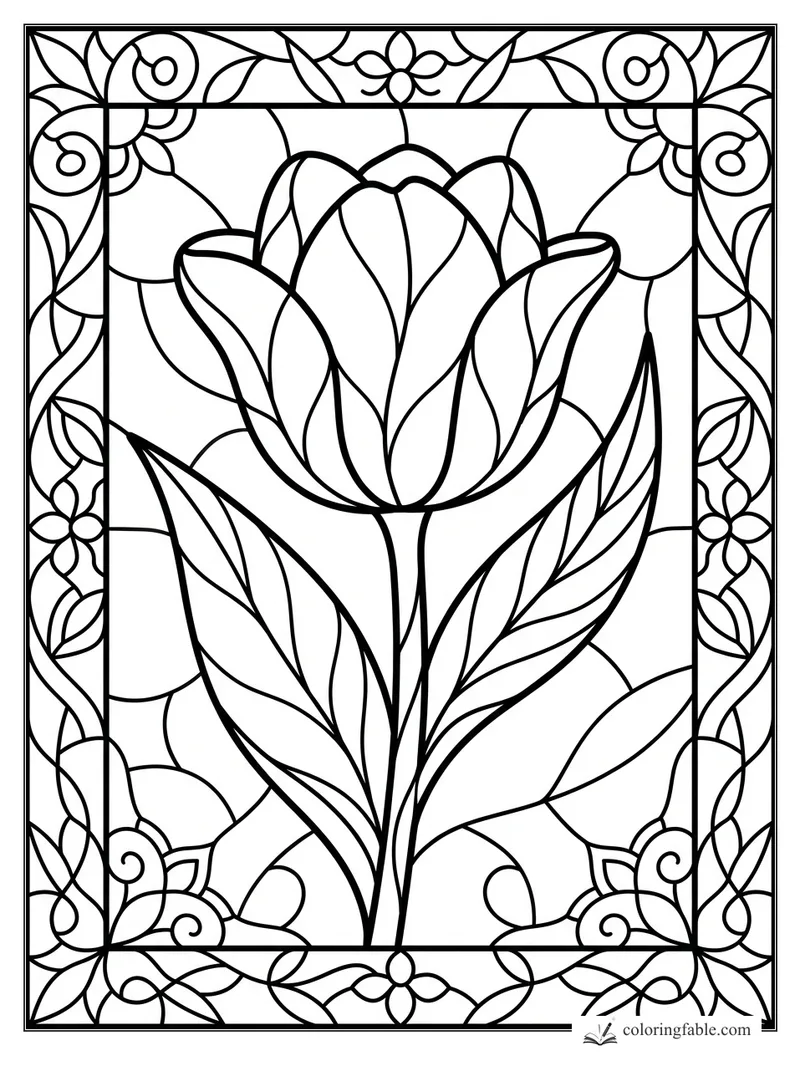 Stained-glass tulip coloring page with tall leaves, curved petals, and a floral scroll border.