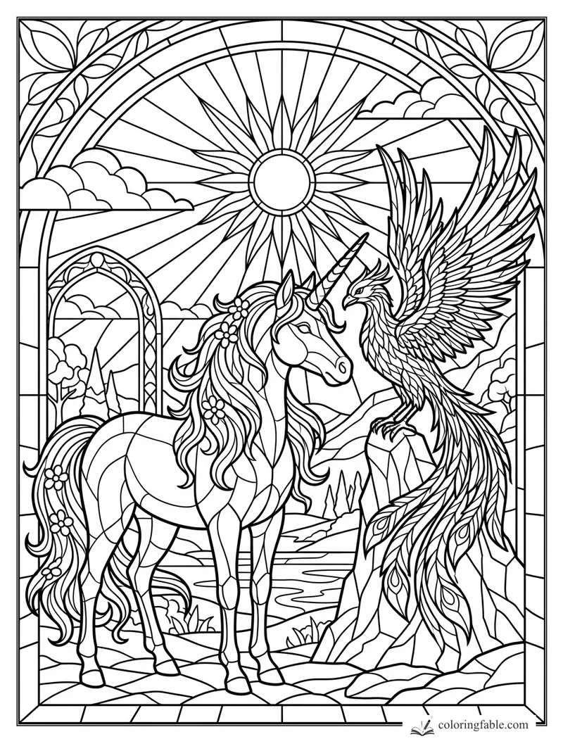 Intricate stained-glass unicorn facing a phoenix beneath a radiant sun and arched window.