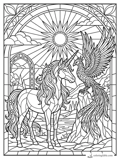 Intricate stained-glass unicorn facing a phoenix beneath a radiant sun and arched window.