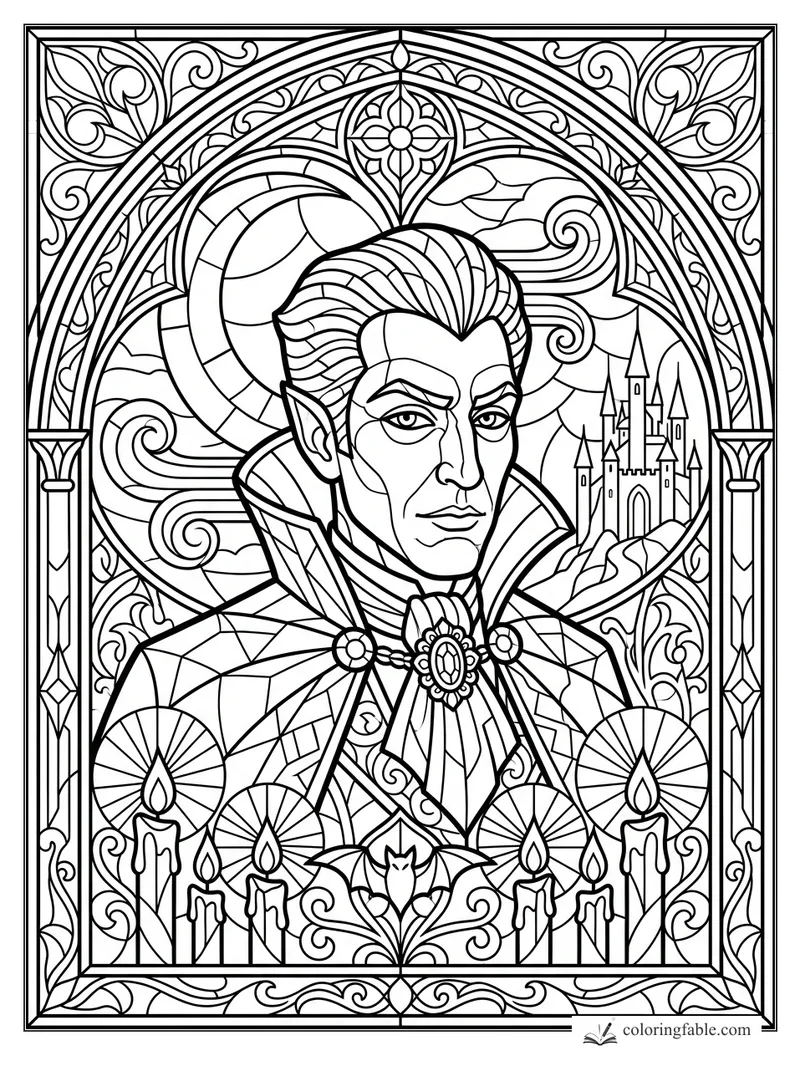 Intricate stained-glass vampire portrait with candles, crescent moon, castle, and Gothic floral arches