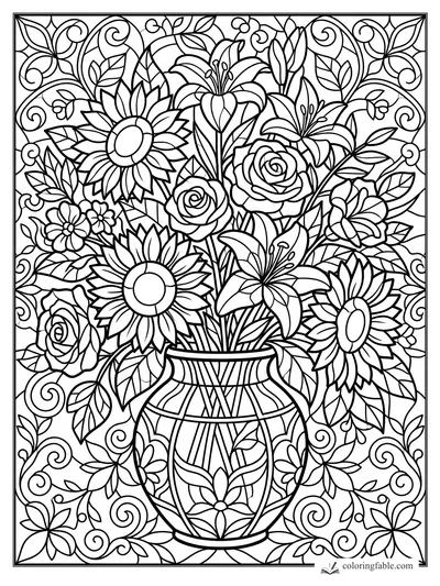 Intricate stained-glass flower vase with sunflowers, lilies, roses, leaves, and curling vines