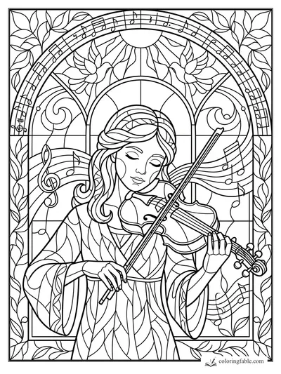 Stained-glass style girl playing violin under arched sheet music, flowers, leaves, and sun rays