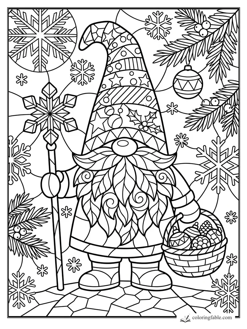 Intricate stained-glass gnome holding a snowflake staff and basket beneath pine branches and ornaments