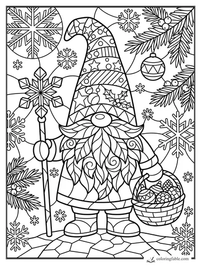 Intricate stained-glass gnome holding a snowflake staff and basket beneath pine branches and ornaments