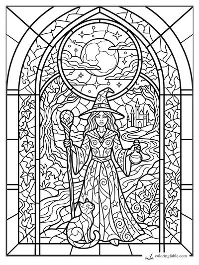 Intricate stained-glass witch with staff, potion bottle, cat, castle, vines, and moonlit sky