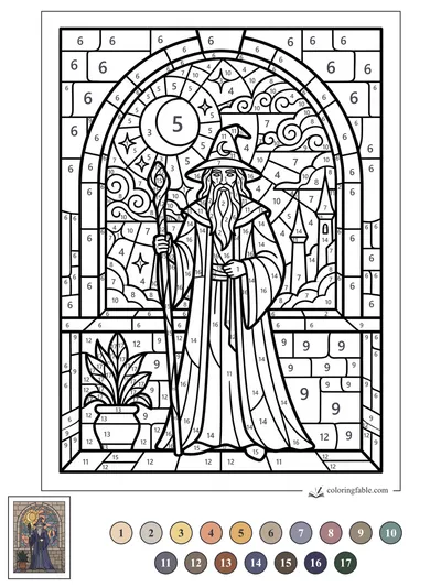 Stained-Glass Wizard Beneath Sun, Stars, and Towers — color by number
