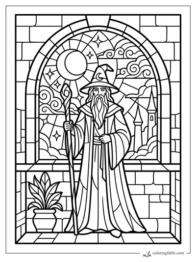 Stained-glass wizard with staff before an arched window of sun, stars, clouds, towers, bricks, and a potted plant.