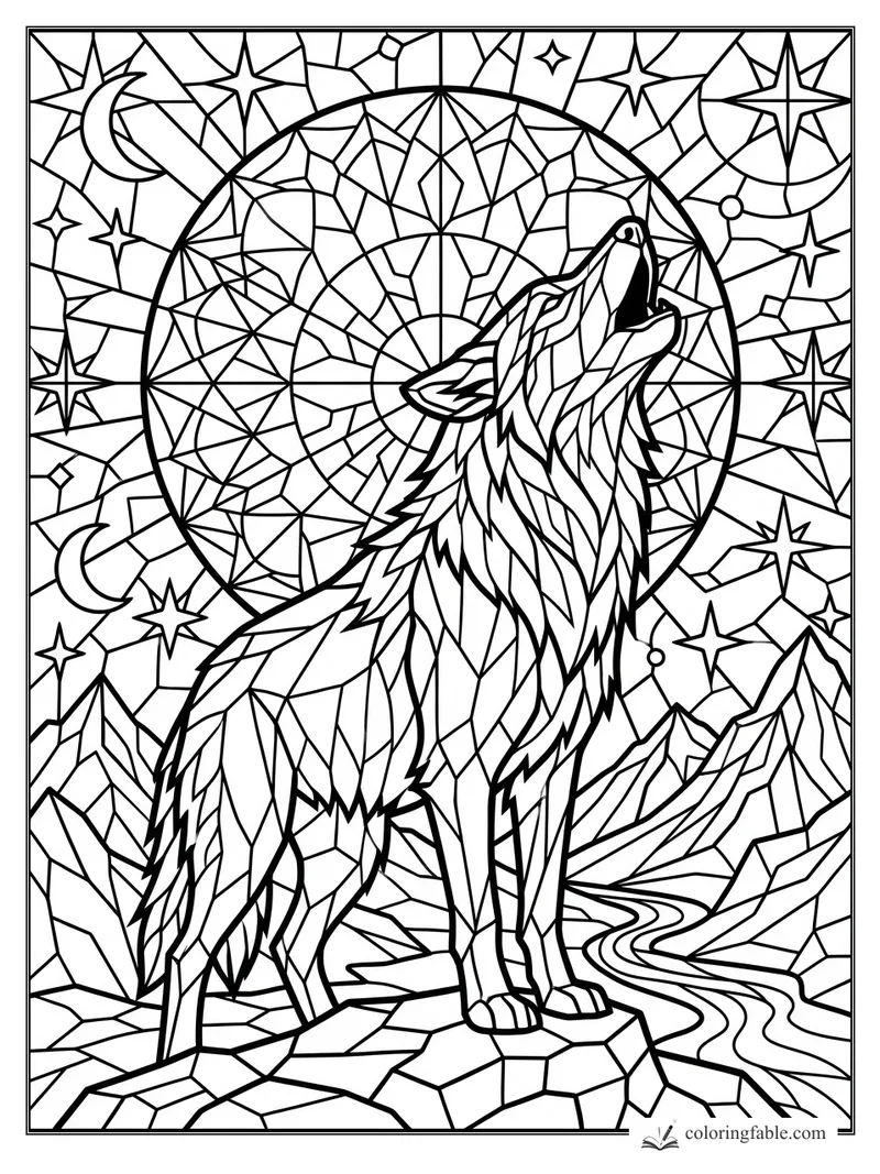 Intricate stained-glass wolf howling beneath stars, crescent moons, mountains, and a winding river