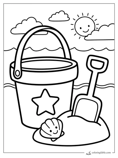 Bold beach coloring page with a star bucket, shovel, smiling shell, waves, clouds, and happy sun.