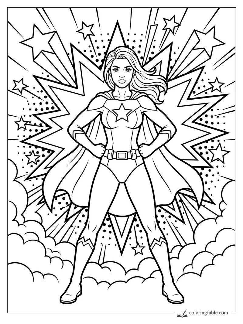 Female superhero posing with hands on hips amid stars, clouds, dots, and lightning bursts